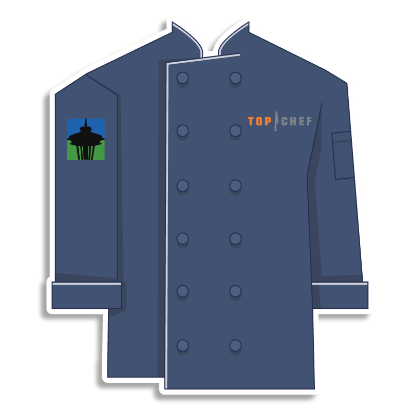 blue Top Chef chef coat with space needle on the shoulder