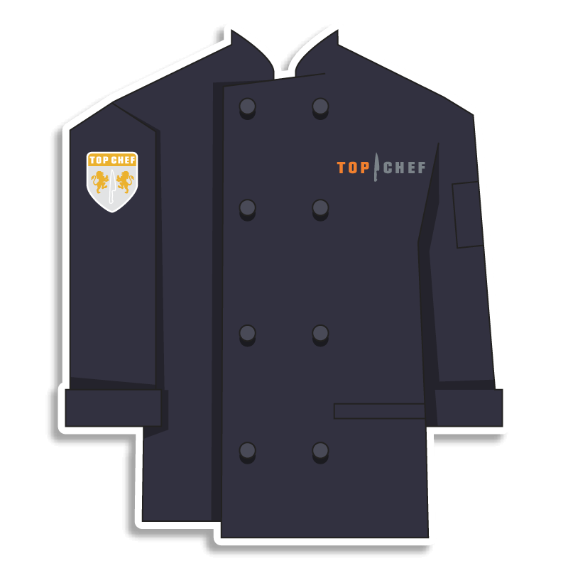 deep blue/black Top Chef coat with lion heraldry style coat of arms on the shoulder