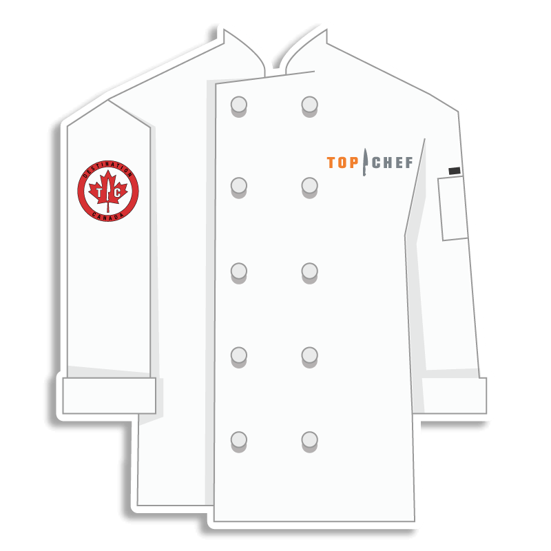 white Top Chef coat with Canada maple leaf emblem on the shoulder